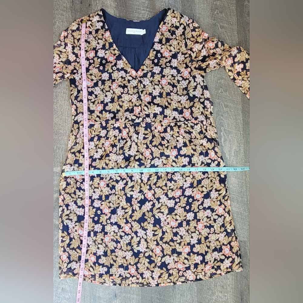 La Petiet Étolie Paris V-Neck Mini Dress Womens S Navy Tan Pink Floral Boho Flow - Picture 10 of 13